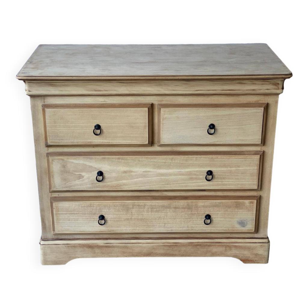 Grande Commode Ancienne Rénovée – 4 Tiroirs, Peinte Vert Et Beige, Poignées Pierre
