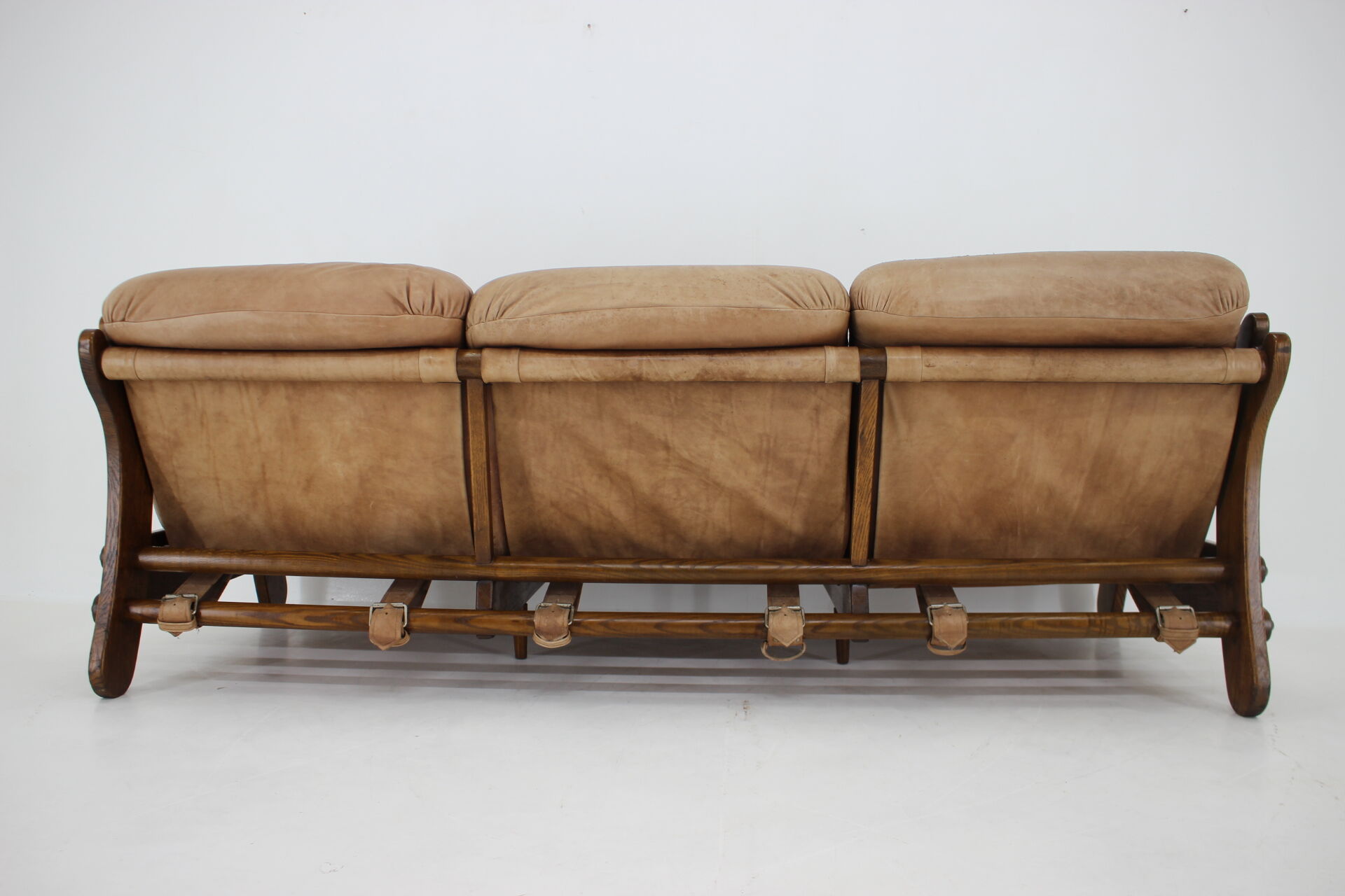 1970s Brutalist Dutch Oak and Leather 3 Seater Sofa