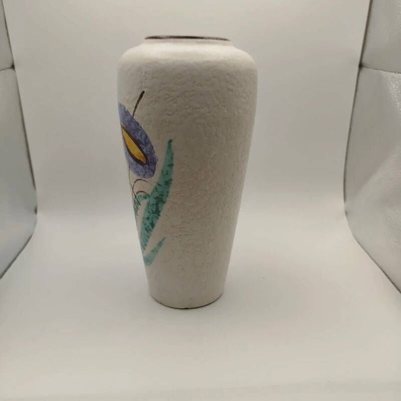 Vintage ceramic vase with floral decoration in Vallauris style from the 1960s retro.