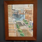 Watercolor on paper representing a street and a port by Vanier