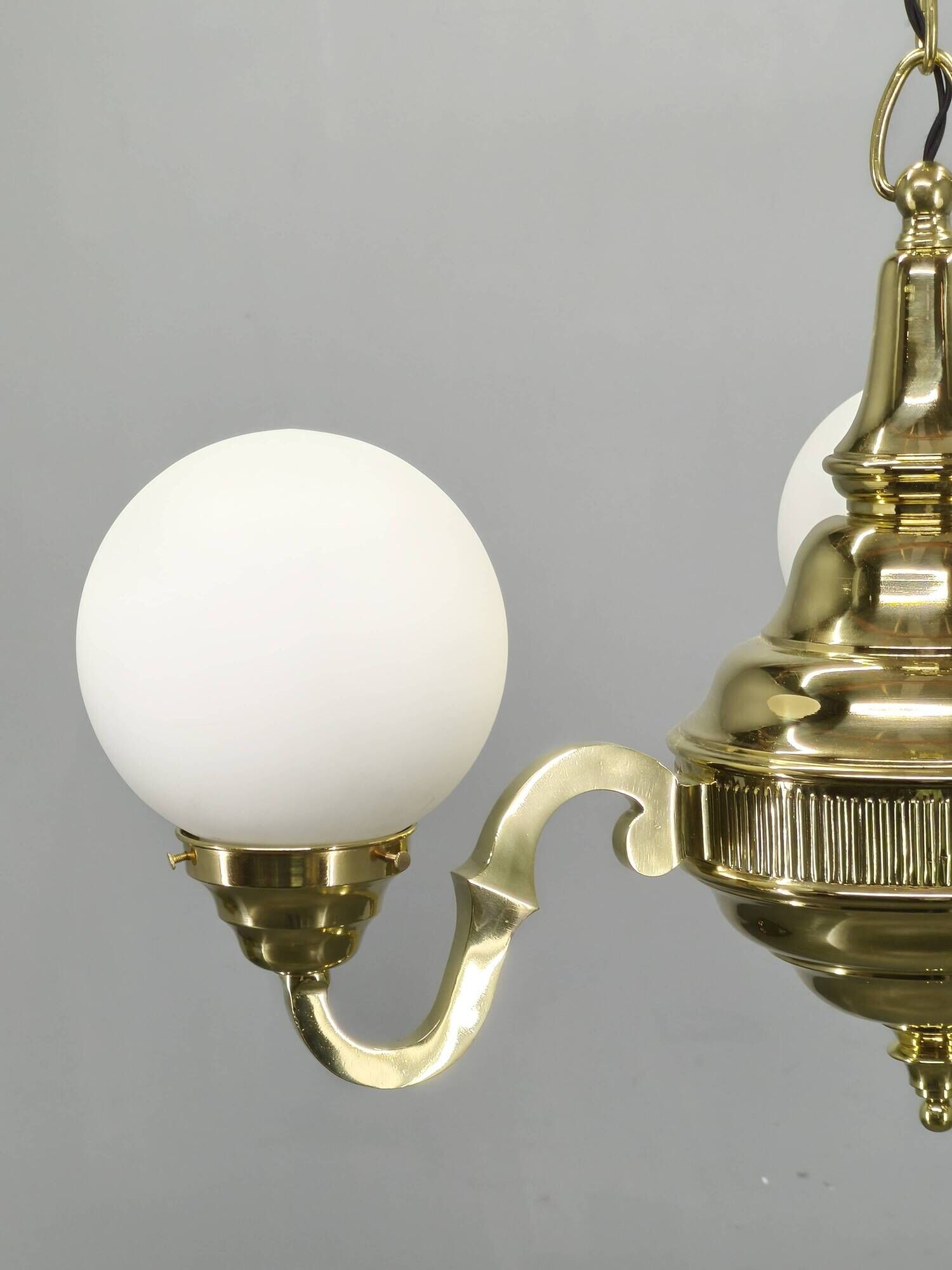 1930s Czech Neo-Baroque Brass Chandelier with Opaline Glass Globes