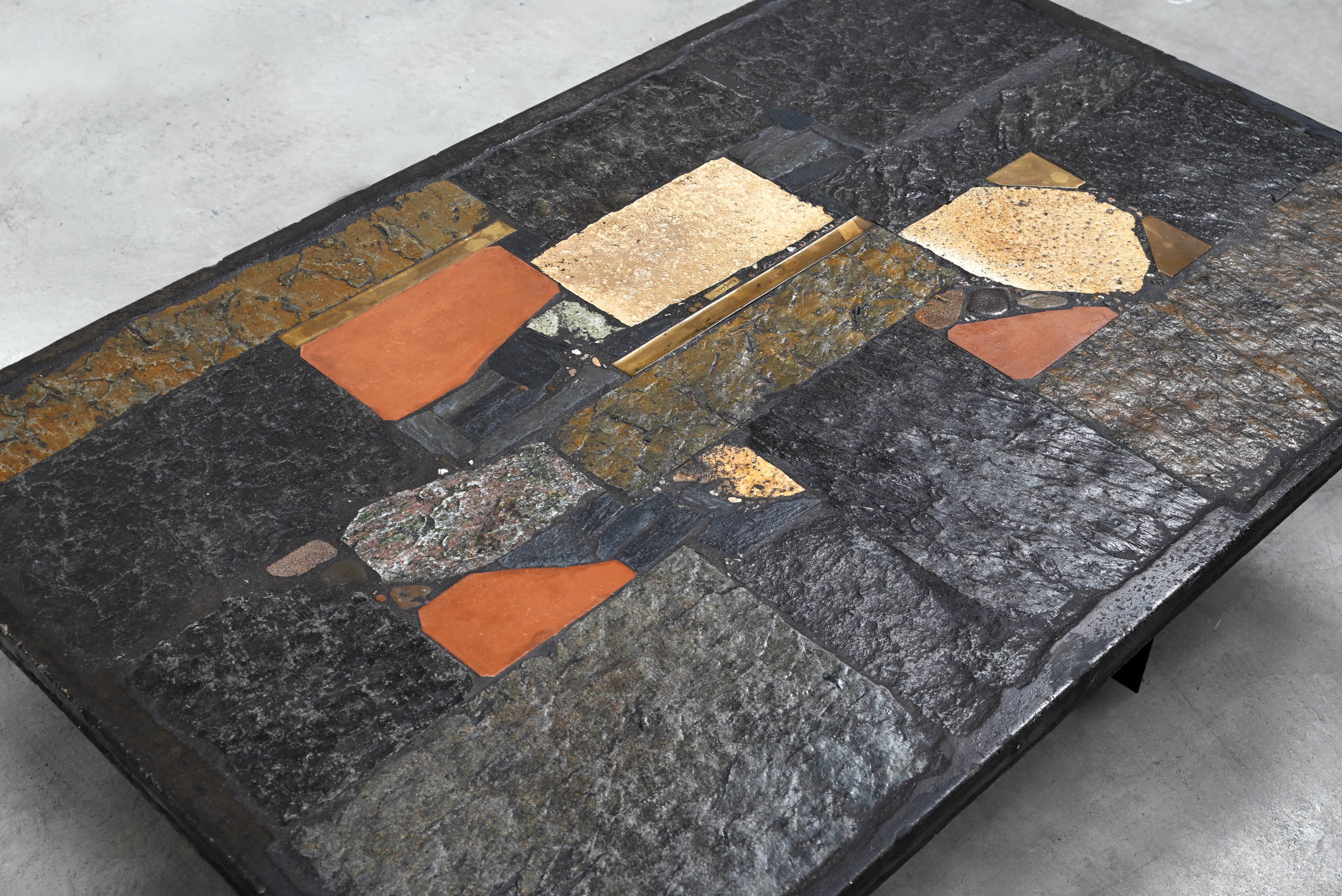 Paul Kingma slate, stone and brass inlaid coffee table, 1970s