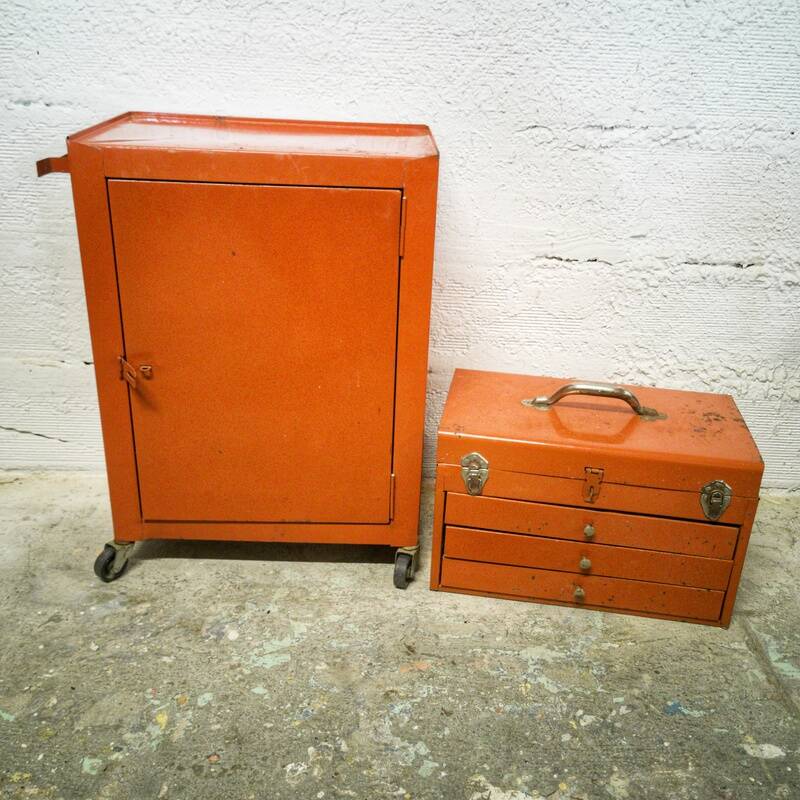 Vintage workshop trolley and toolbox