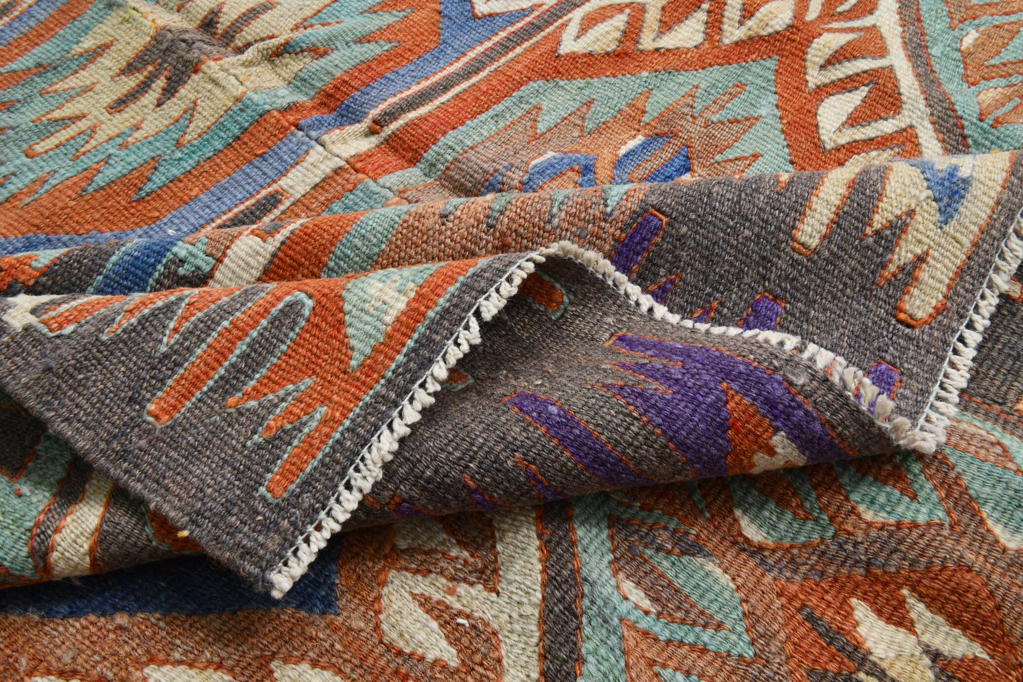 7x10 Green & Blue Geometric Pattern Kilim Rug, 222x303Cm