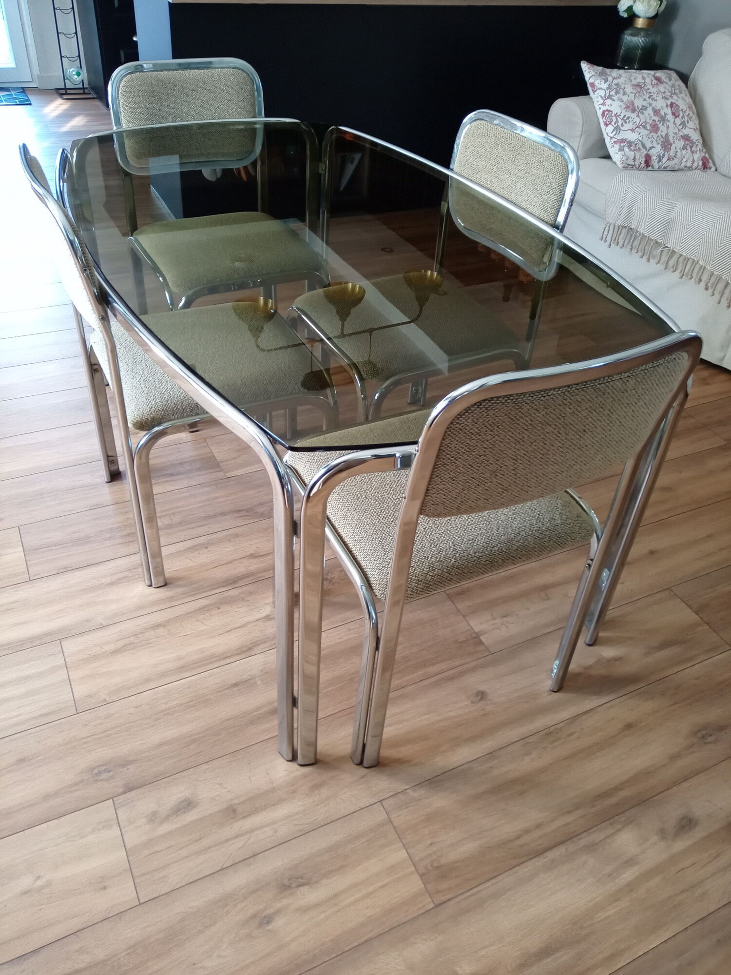Table and 4 70s chairs chrome base and smoked glass tray chairs green water fabric