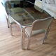 Table and 4 70s chairs chrome base and smoked glass tray chairs green water fabric