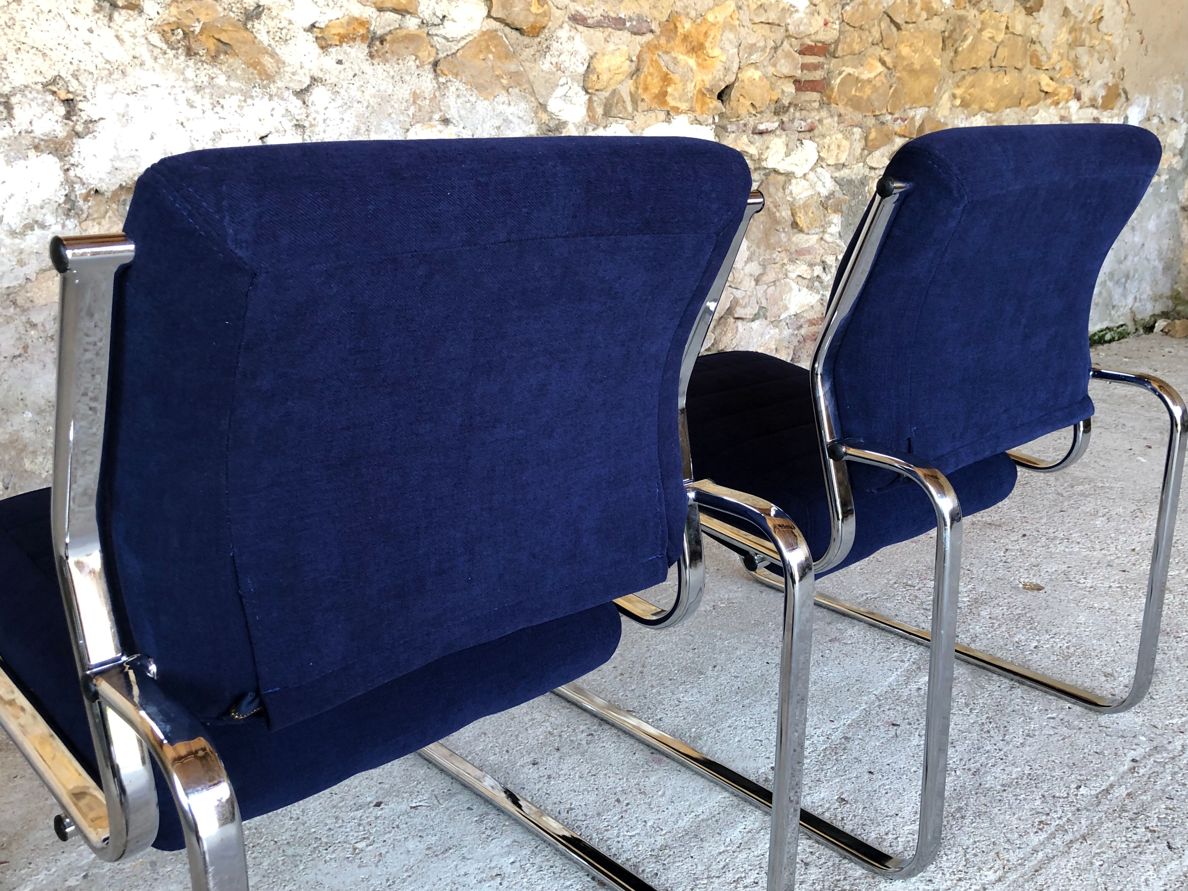 Pair of vintage chrome and blue microfibre armchairs circa 70