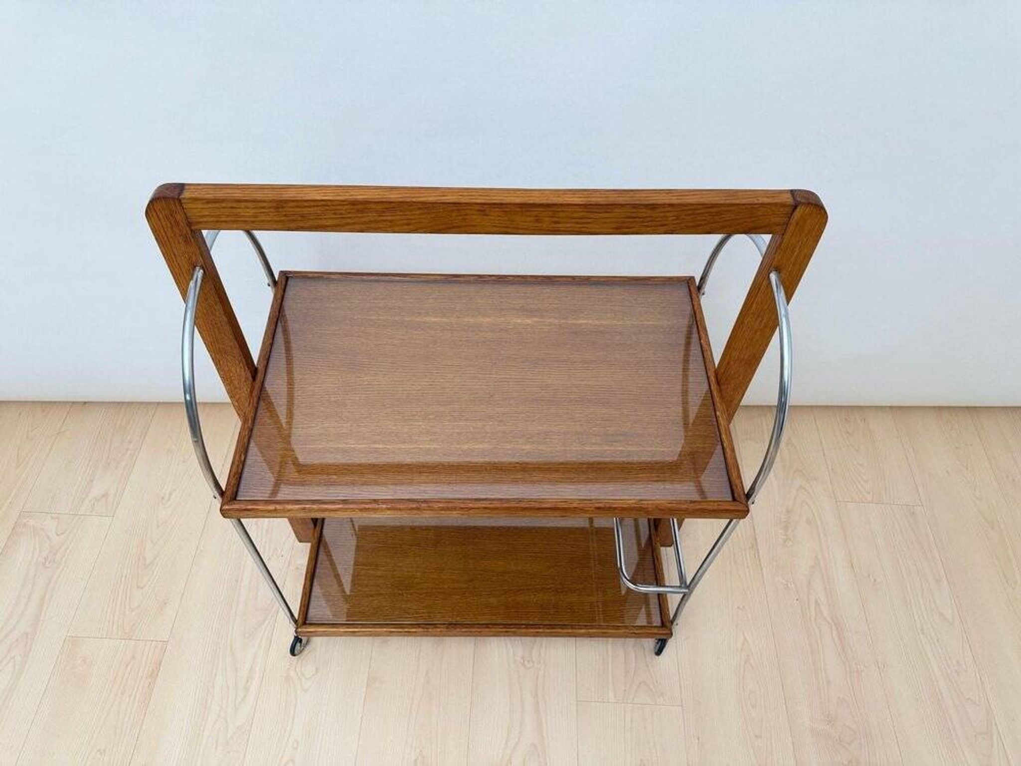 Art Deco serving trolley in oak, chrome & glass, France, 1930