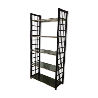 Vintage 1970s shelf in smoked glass with a bamboo-style structure.