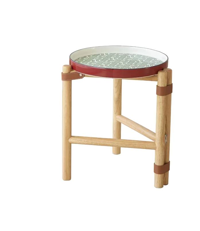 Vintage Coffee Table with Removable Medieval-Style Painted Blue Porcelain Tray, Solid Wood Base