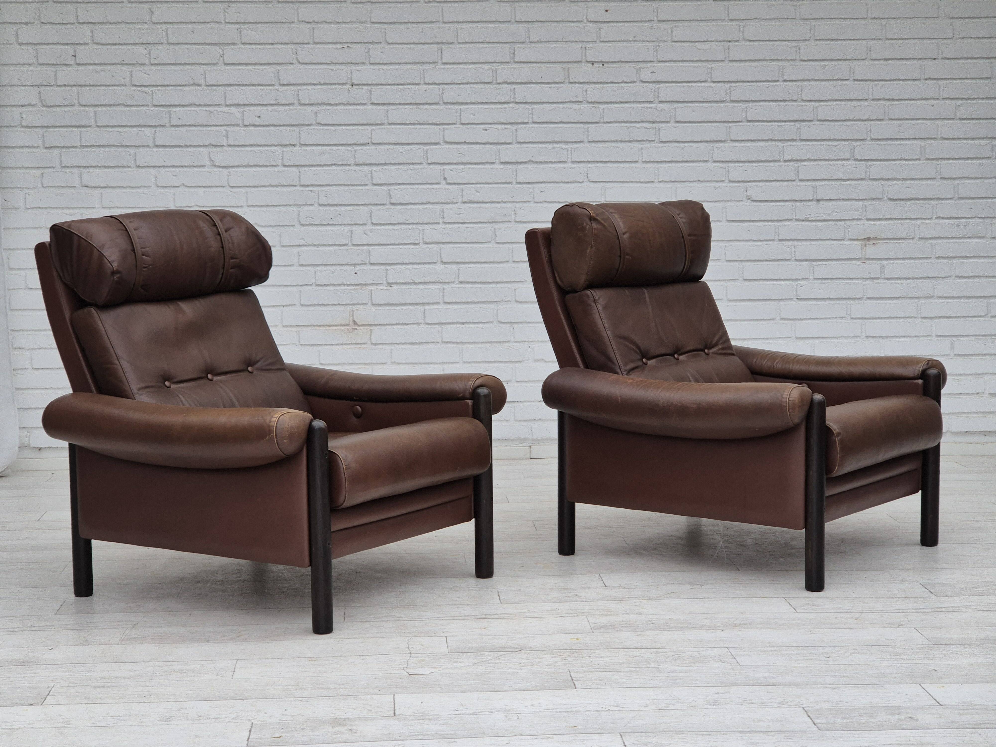 1970s, Danish armchair, original condition, furniture leather, dark oak wood.