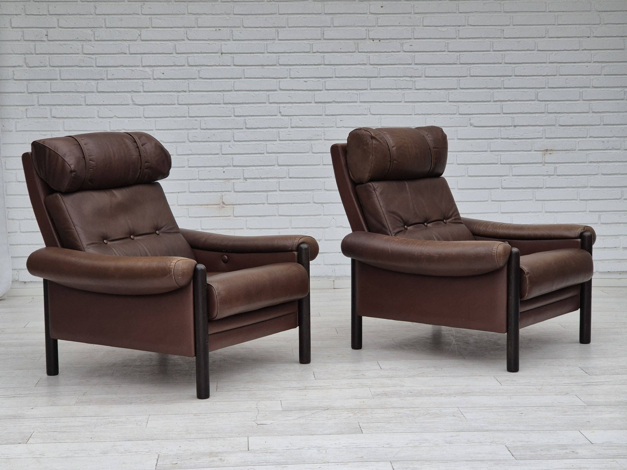 1970s, Danish armchair, original condition, furniture leather, dark oak wood.
