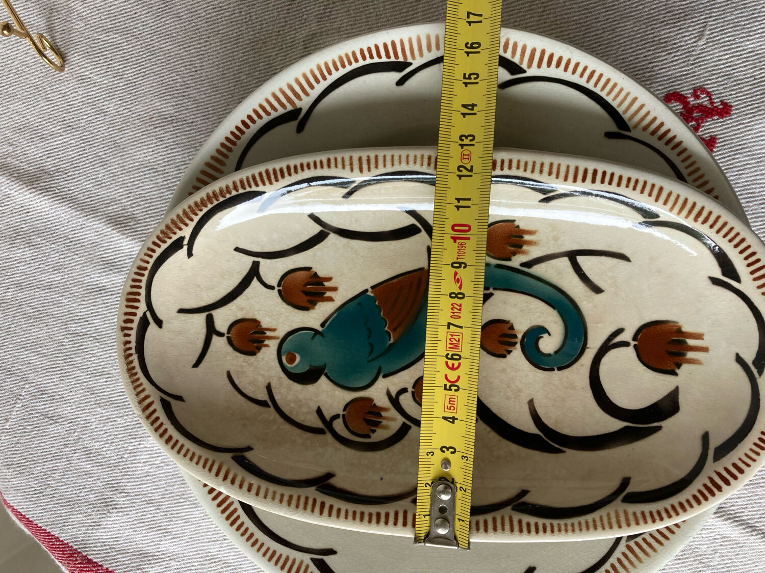 Dessert plates and serving dish, K&G Luneville, parakeet model.