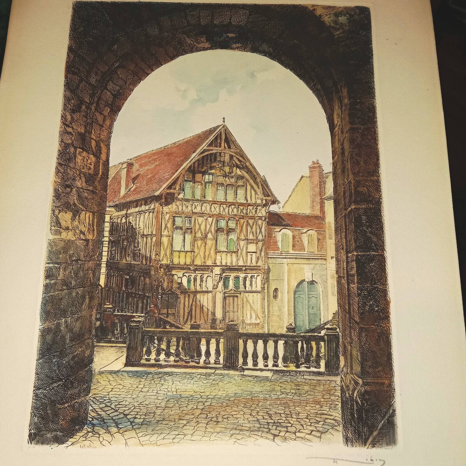 Joigny Old House Porte Saint Jean Colored etching signed Léopold Robin