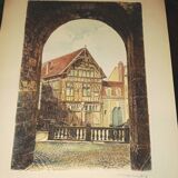 Joigny Old House Porte Saint Jean Colored etching signed Léopold Robin