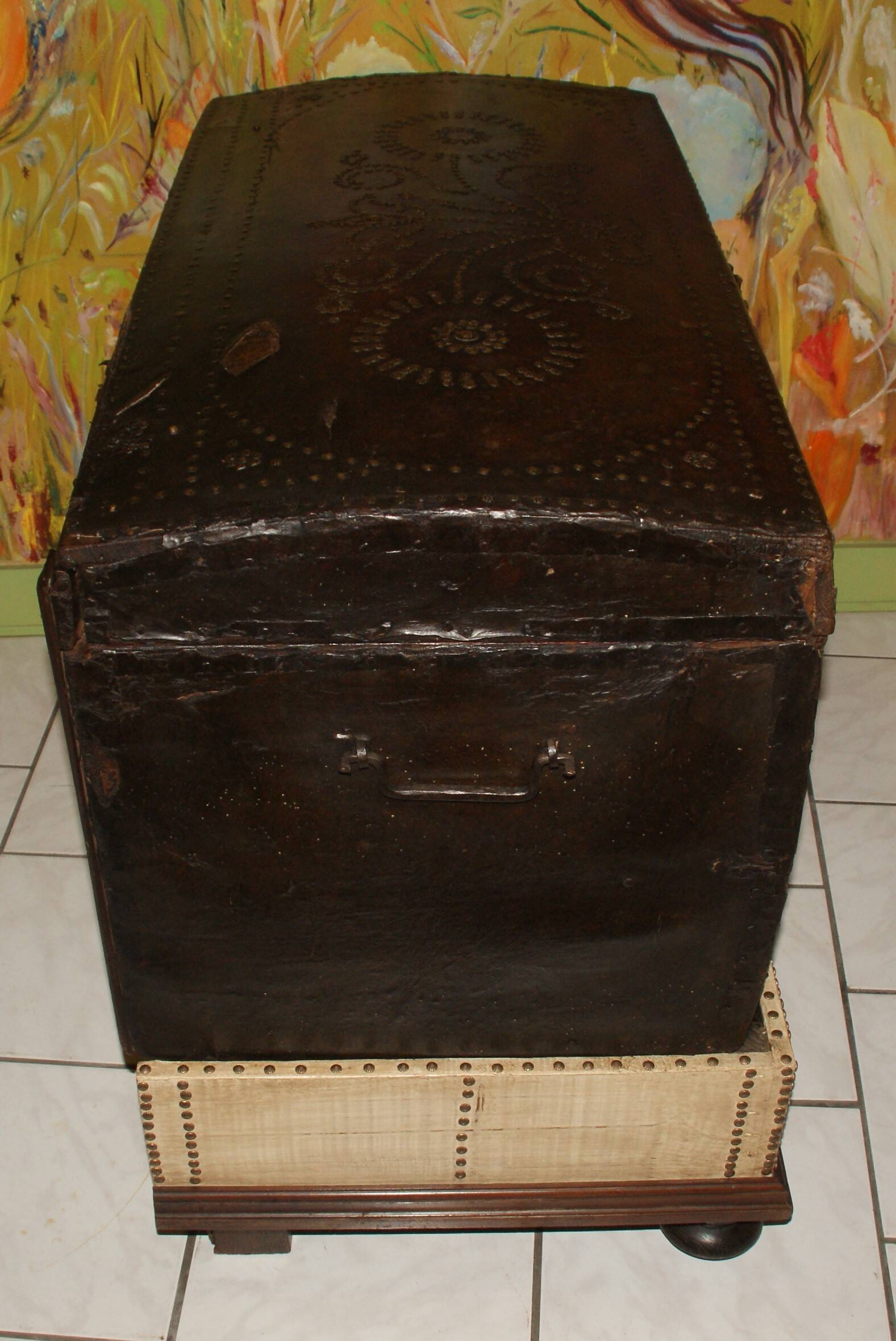 17th century studded leather travel trunk, richly decorated