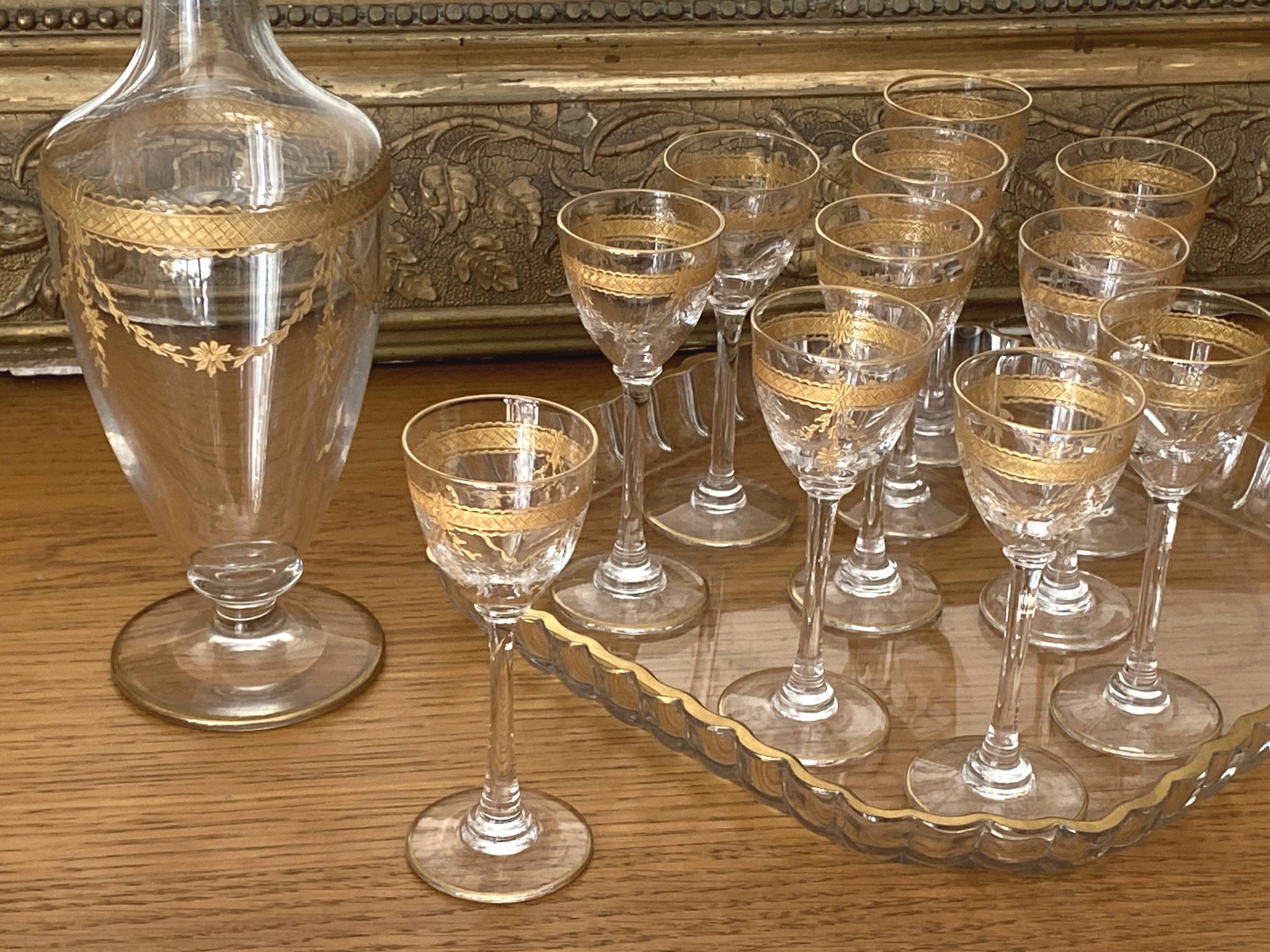 Saint Louis 14-piece liqueur set, fine 19th century gold-plated crystal