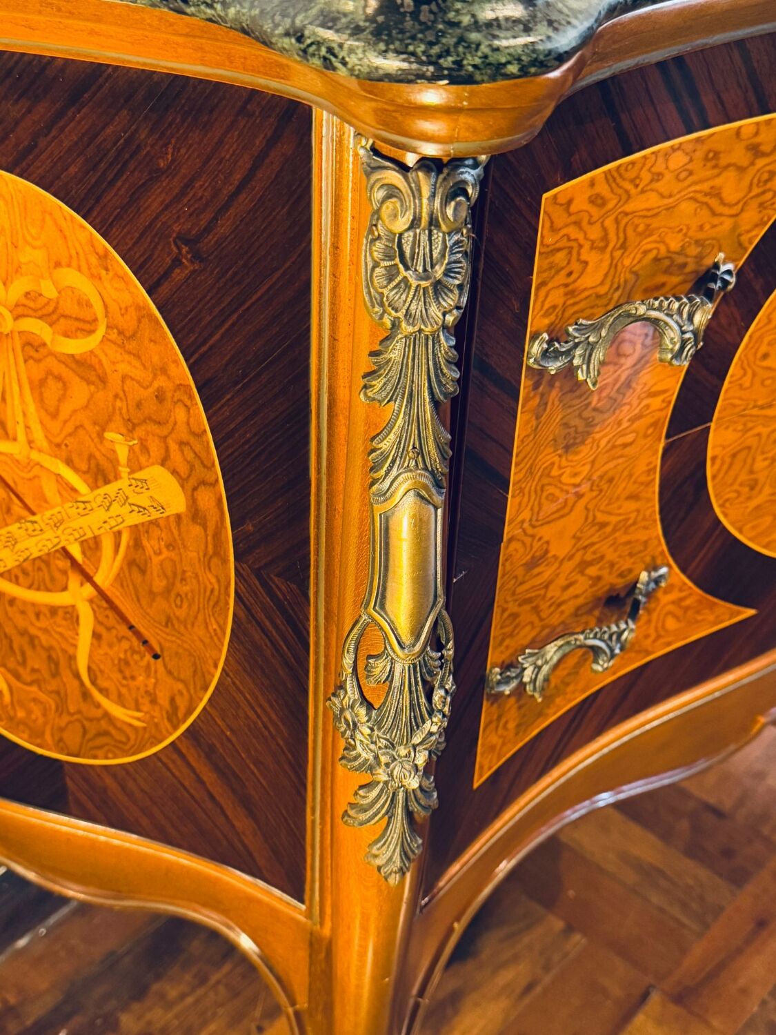 Exquisite Louis XV Style Bombé Commode with Musical Marquetry & Marble