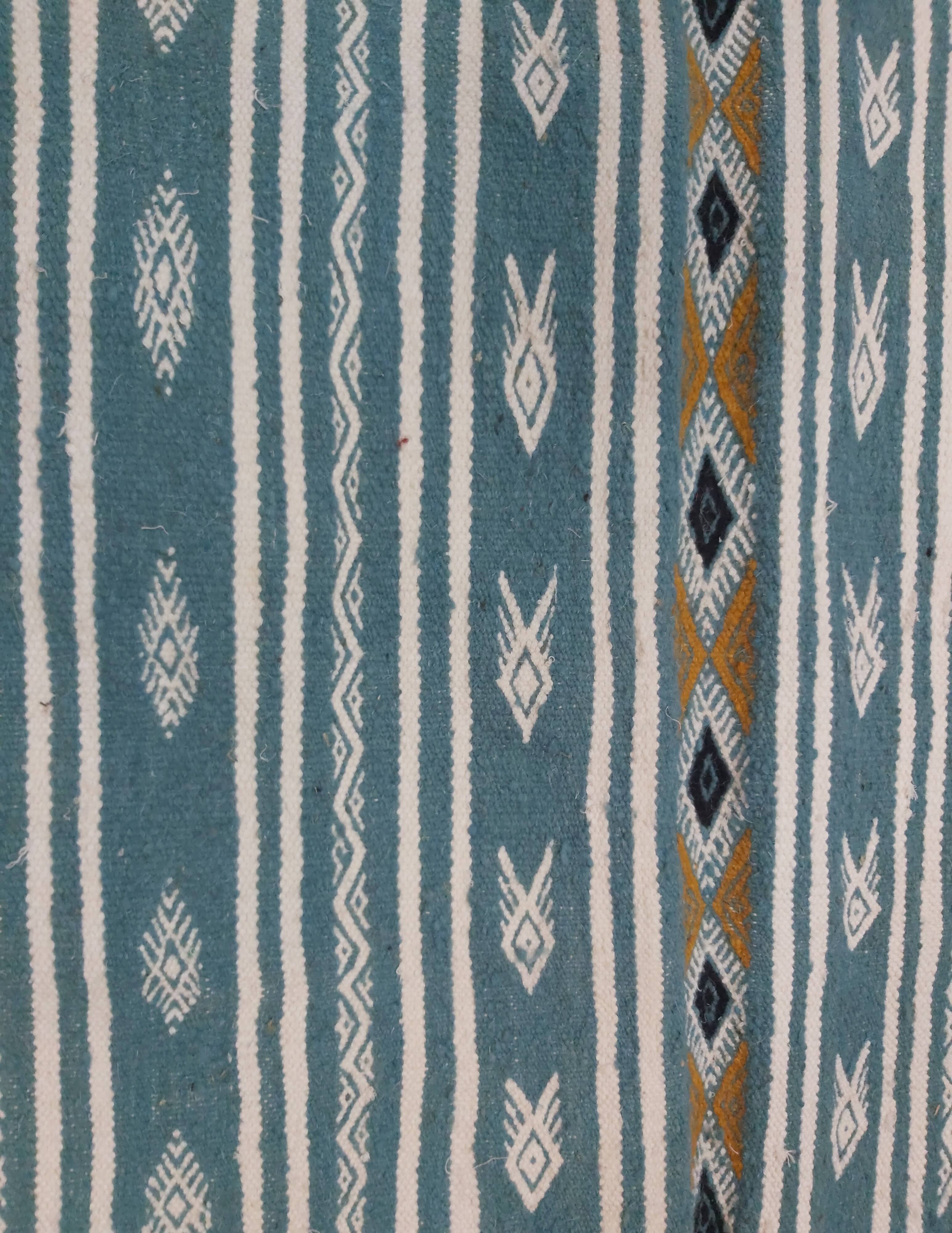 Handmade blue and white Berber carpet in pure wool