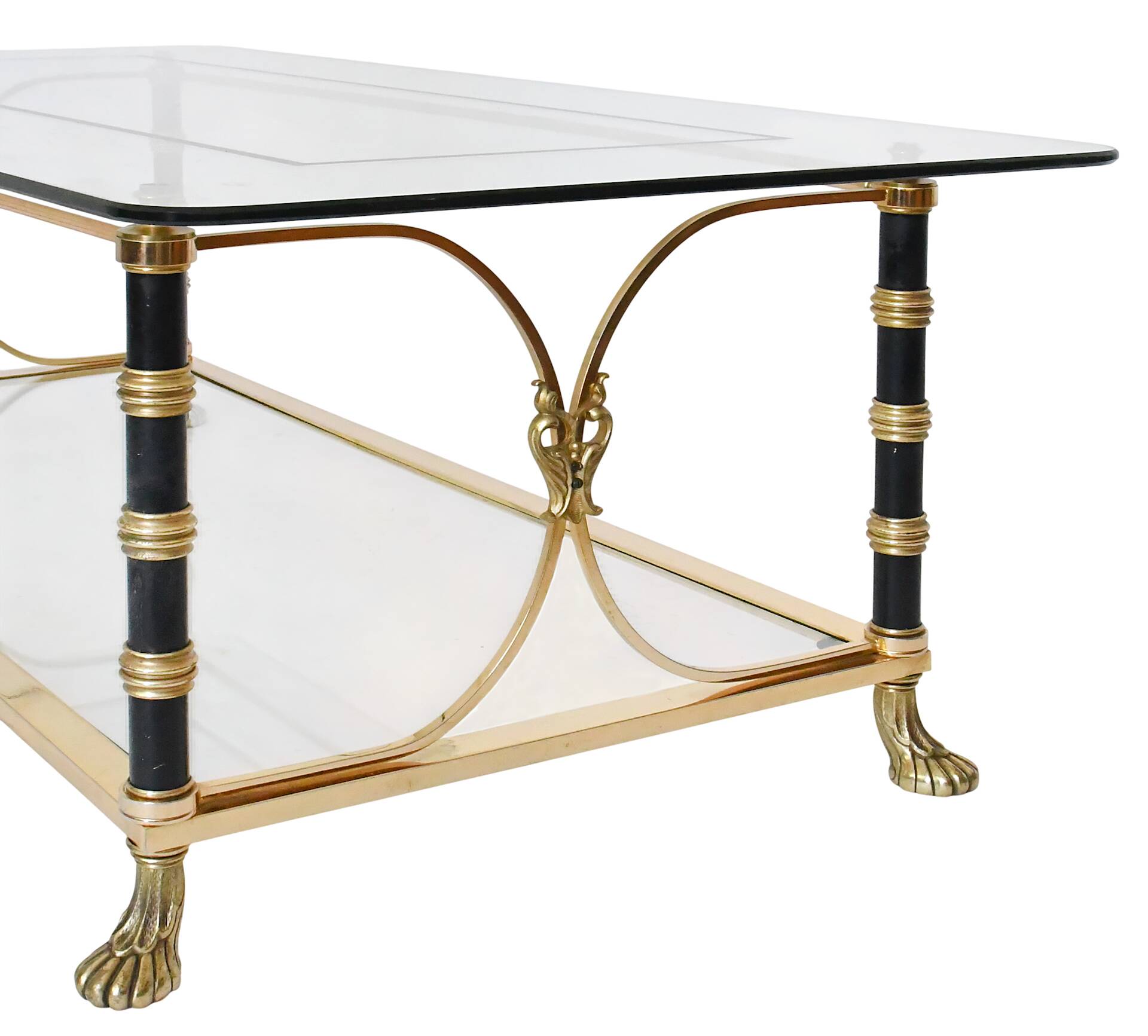 Brass and metal coffee table with two glass tops.