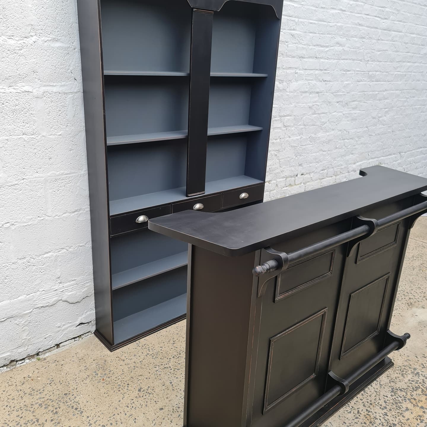 Bar set and back shelf black patina counter