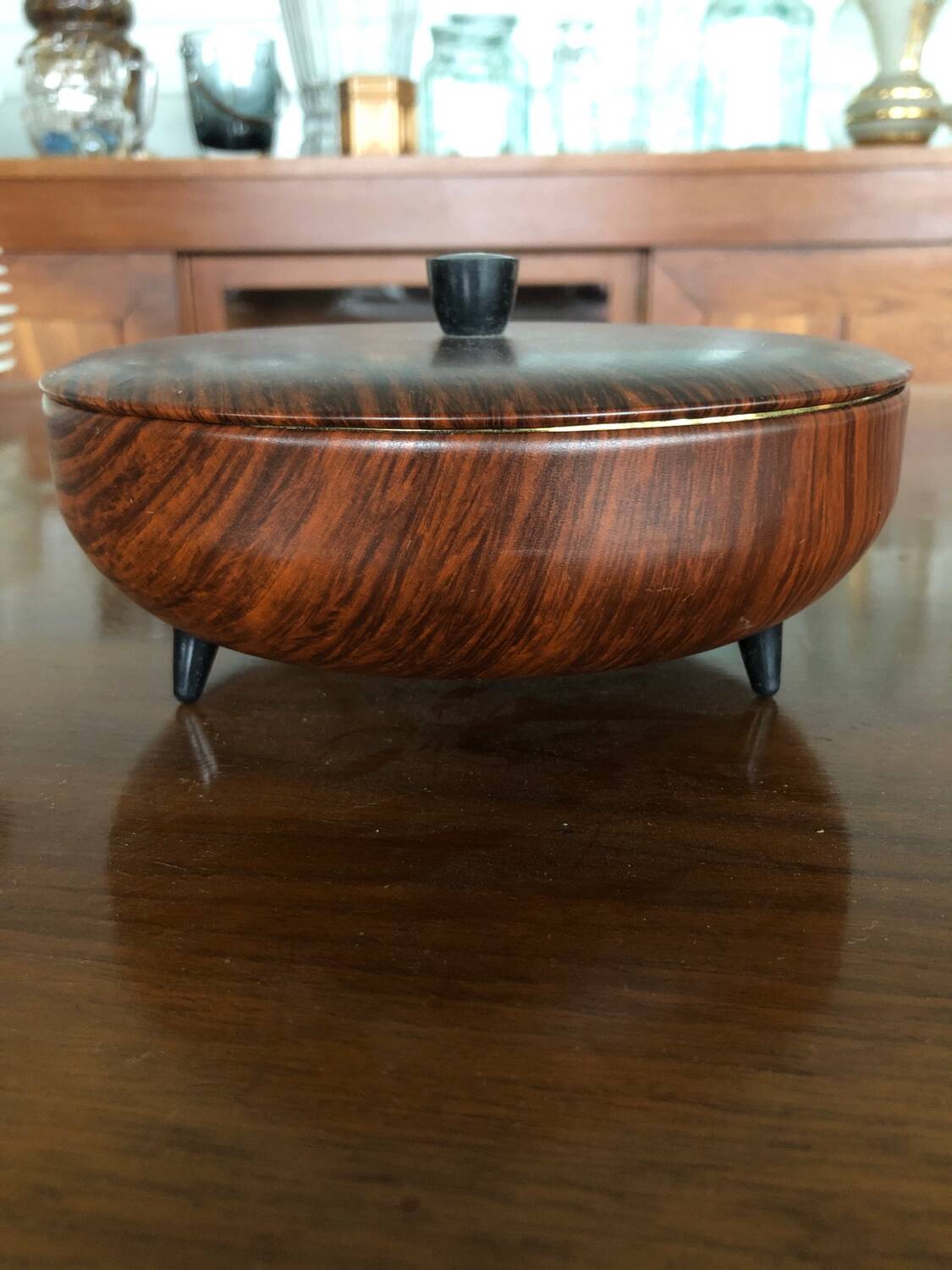 Metal candy box with gold interior wood effect