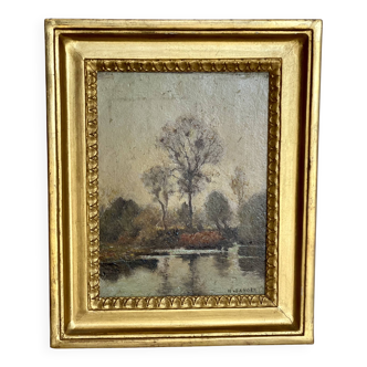 Painting by henri danger, the banks of the indre at huimes, 19th century landscape