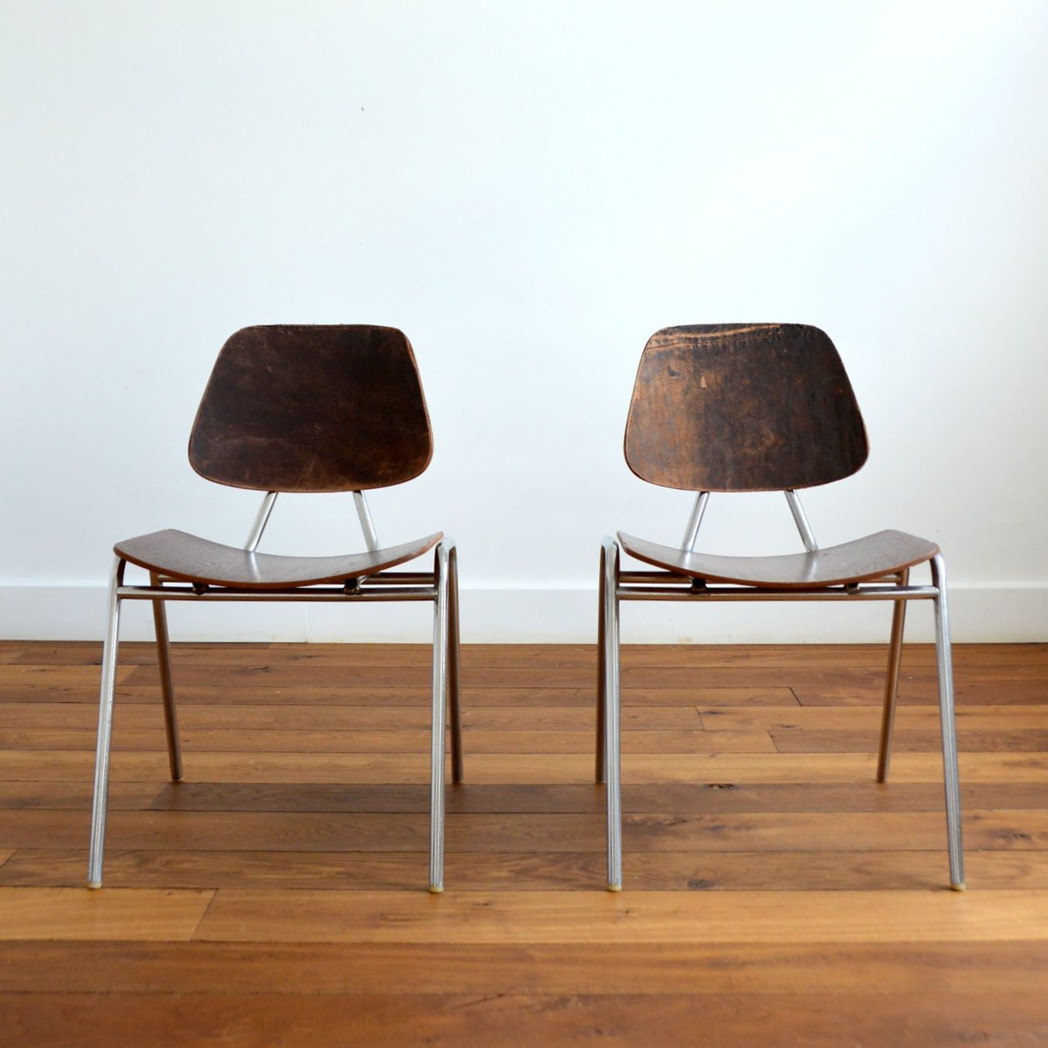 Pair of Thonet chairs in wood – metal and leather 1950s