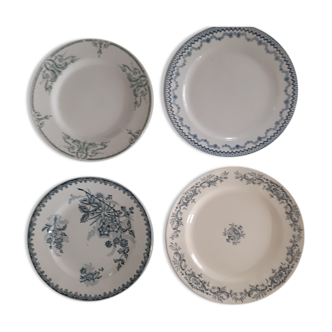 4 plates faience old decoration green and blue Iron Earth Gien Sarreguemines Longchamp