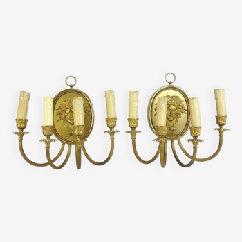 Pair of wall lights with 4 arms of light with relief decoration of a Bacchus mask