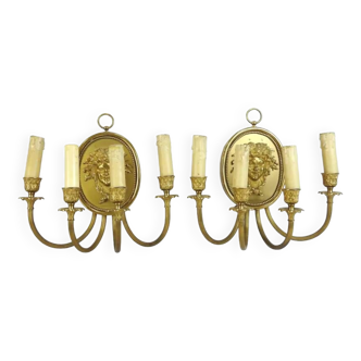 Pair of wall lights with 4 arms of light with relief decoration of a Bacchus mask