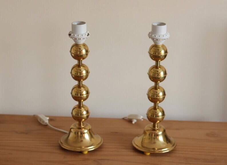 Pair of Vintage Swedish Table Lamps in Polished Brass, Signed Aneta