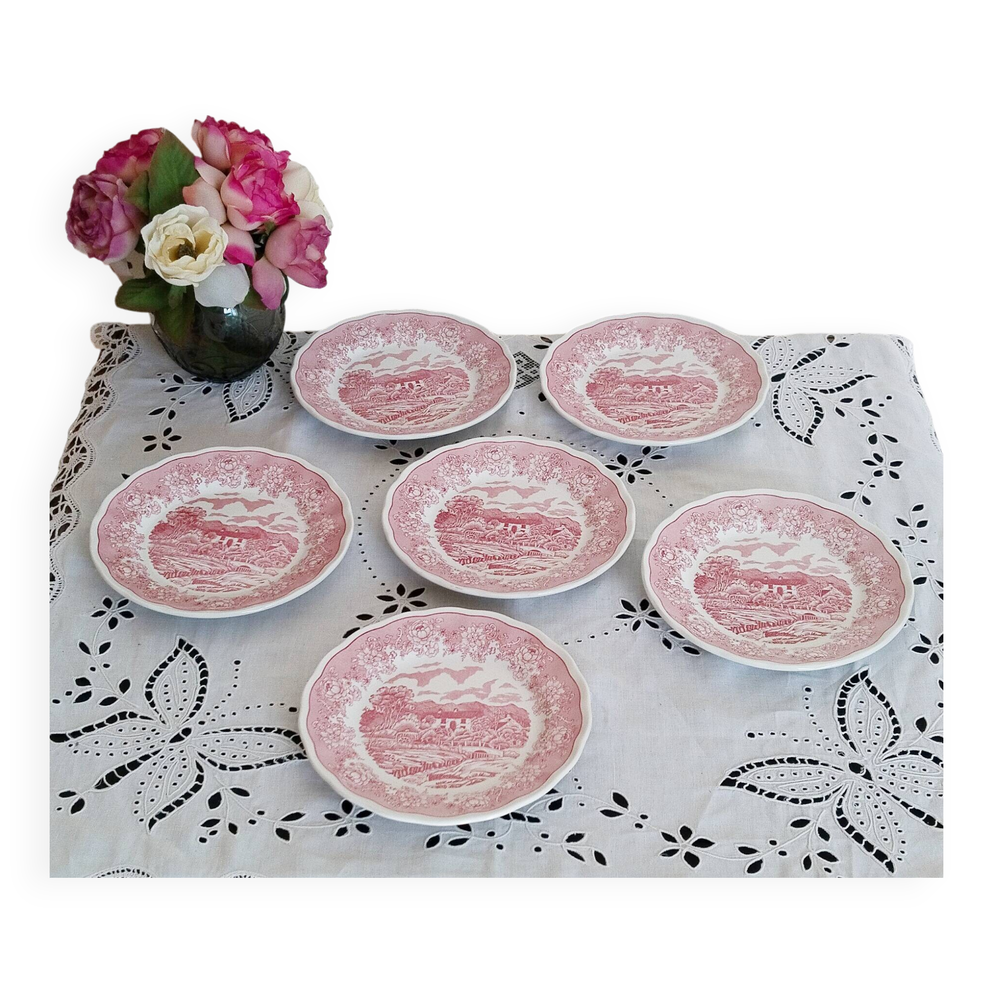 6 Italian English porcelain dessert plates: Swiss Landscape
