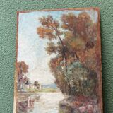 Oil on hardboard, riverside