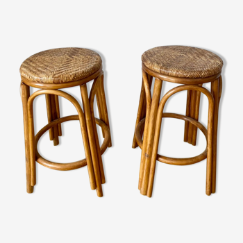 Pair of wicker bar stools and bamboo cane