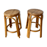 Pair of wicker bar stools and bamboo cane