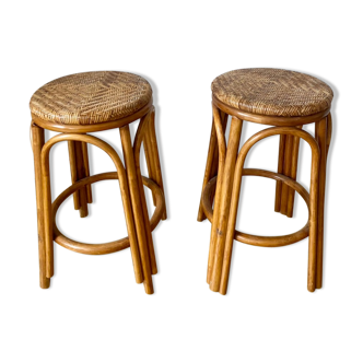 Pair of wicker bar stools and bamboo cane