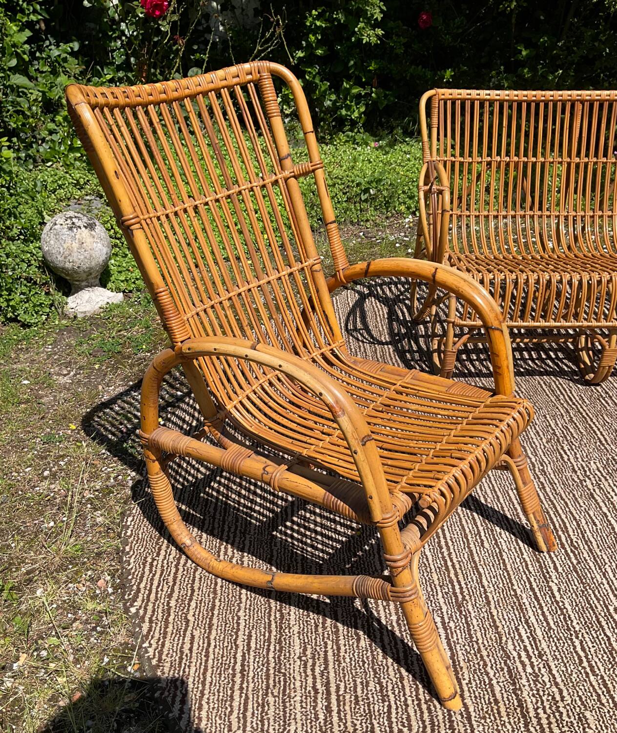 Vintage rattan lounge bench and 2 armchairs