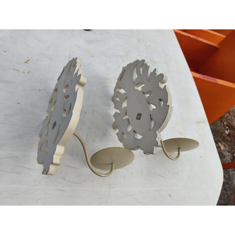 Pair of cerused wood and iron wall lights