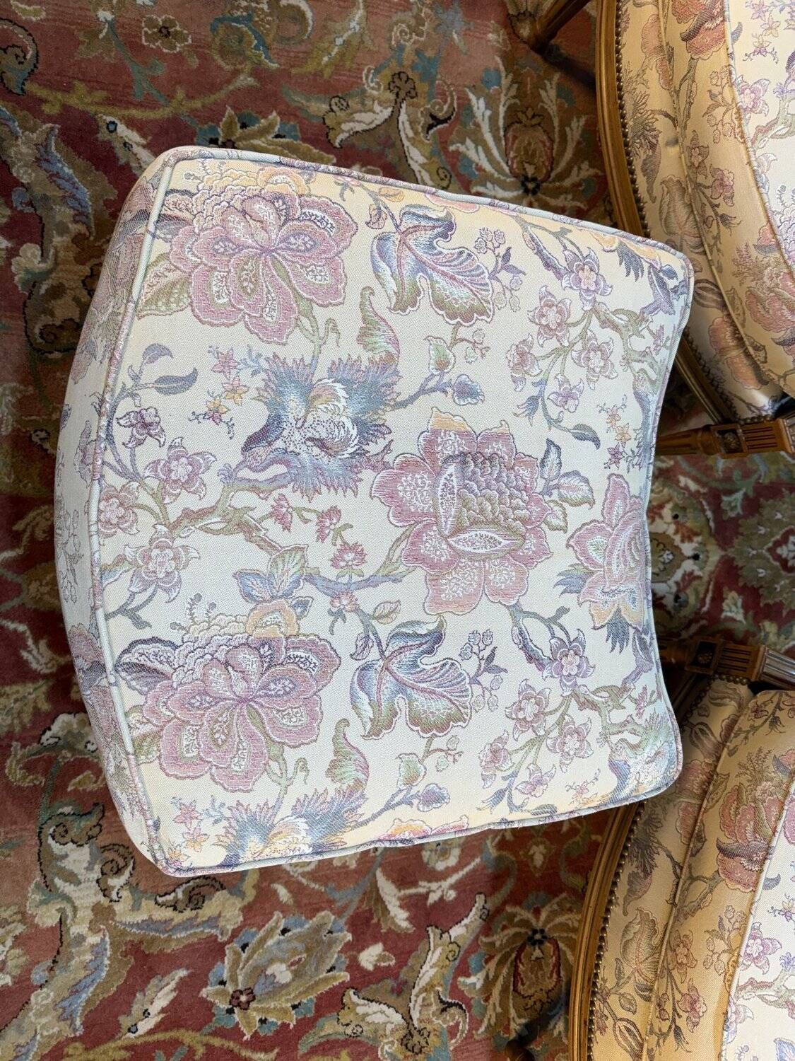 Pair of armchairs / bergères and footstool in Louis XVI style