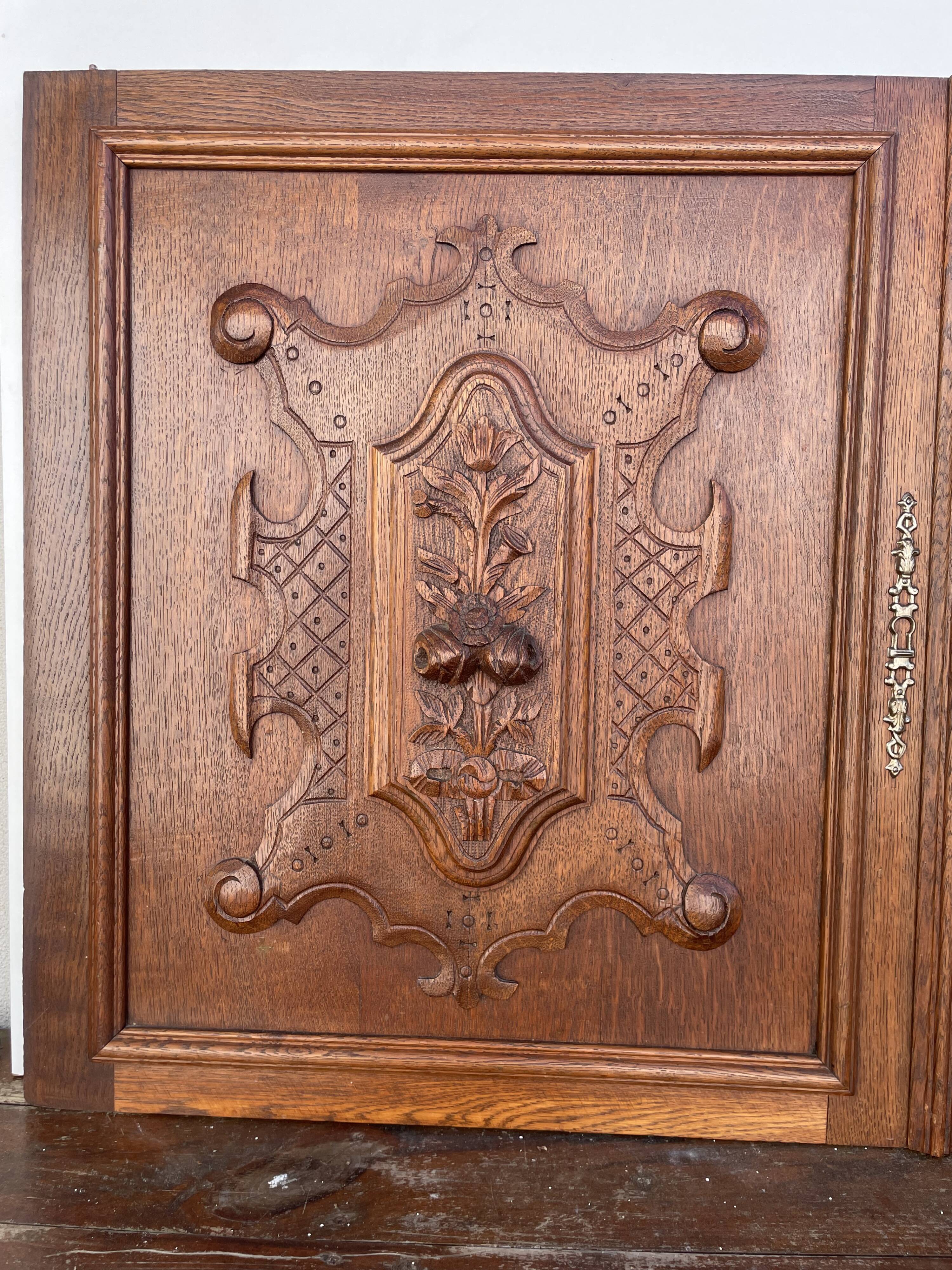 Pair of old carved wooden door panels Bas relief (oak)
