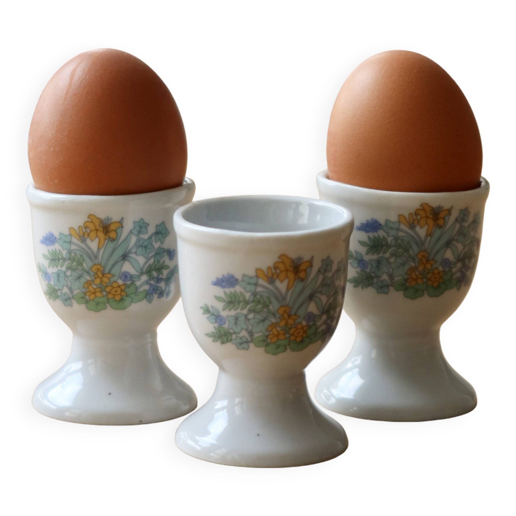 Coquetiers vintage porcelaine blanche motif fleuri