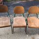 Set of 3 children's chairs from the 1960s in brown plywood with a green steel frame, school style.