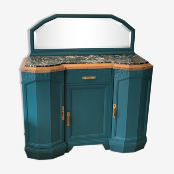 Art deco sideboard restyled blue green duck, marble top, brass handles, vintage shabby chic
