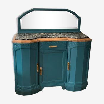 Buffet art deco relooké bleu vert canard, dessus marbre, poignées laiton, vintage shabby chic