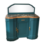 Buffet art deco relooké bleu vert canard, dessus marbre, poignées laiton, vintage shabby chic