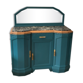 Art deco sideboard restyled blue green duck, marble top, brass handles, vintage shabby chic