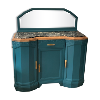 Art deco sideboard restyled blue green duck, marble top, brass handles, vintage shabby chic