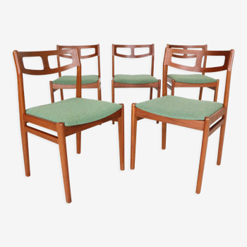 Ensemble moderne scandinave de 5 chaises de salle à manger en teck et vert