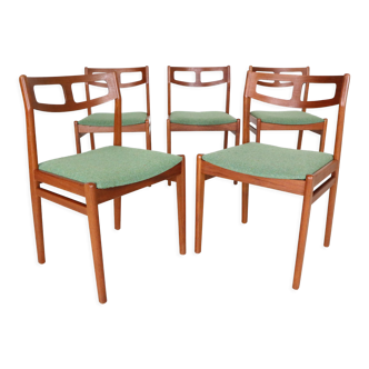 Scandinavian modern set of 5 teak & green new upholstery dinning room chairs